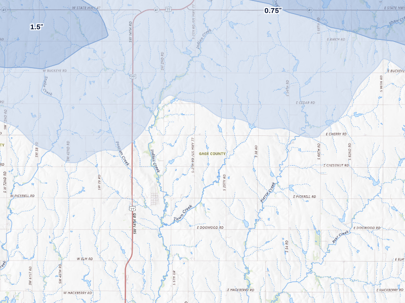 NEXRAD radar-signature map of the hail storm over Pickrell, NE on Aug 19, 2026