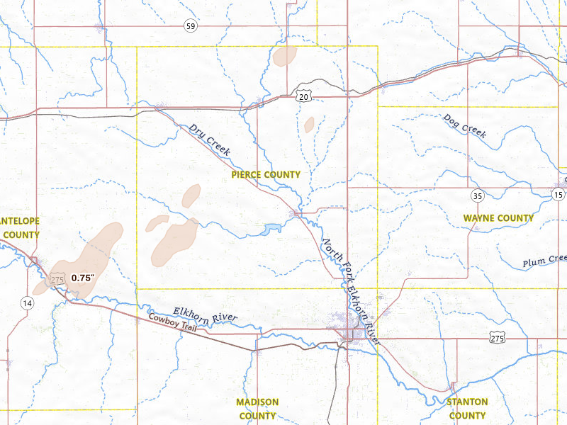 Radar-estimated hail-size map of the storm over Pierce, NE on May 25, 2026