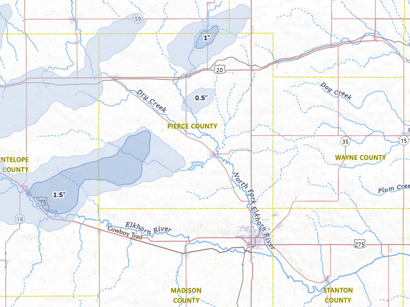 NEXRAD radar-signature map of the hail storm over Pierce, NE on May 25, 2026