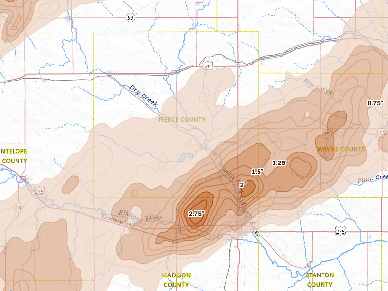 Radar-estimated hail-size map of the storm over Pierce, NE on Jun 29, 2026