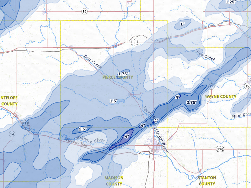 NEXRAD radar-signature map of the hail storm over Pierce, NE on Jun 29, 2026