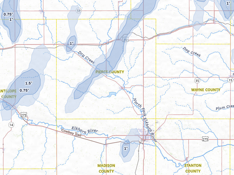 NEXRAD radar-signature map of the hail storm over Pierce, NE on Jun 30, 2026