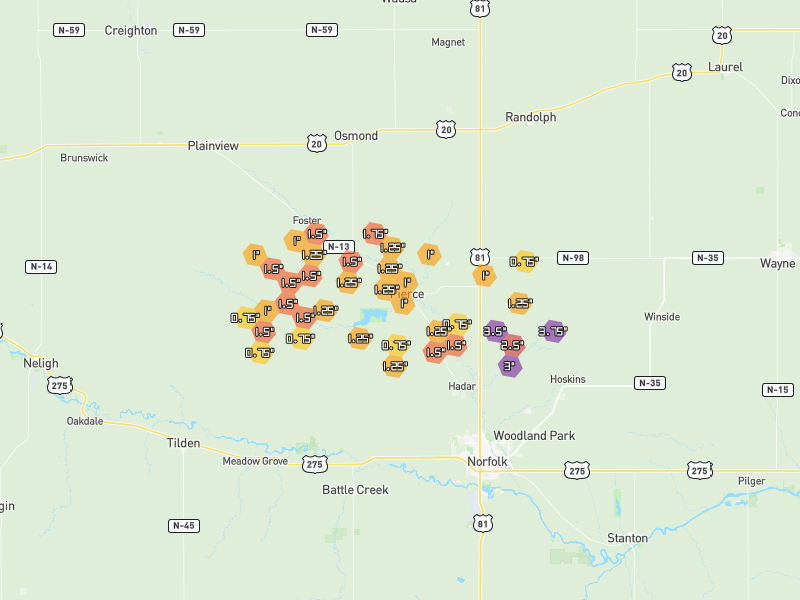 Hail map of Pierce, NE on Jun 30, 2026, hail up to 3.75"