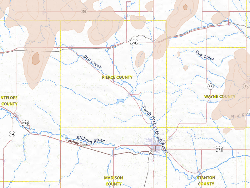 Radar-estimated hail-size map of the storm over Pierce, NE on Jul 2, 2026