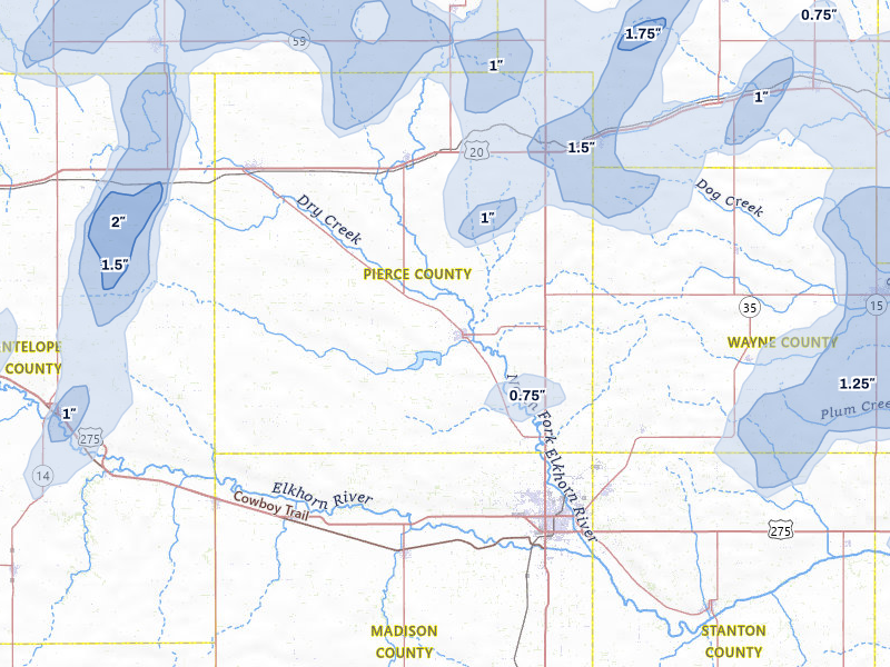 NEXRAD radar-signature map of the hail over Pierce, NE