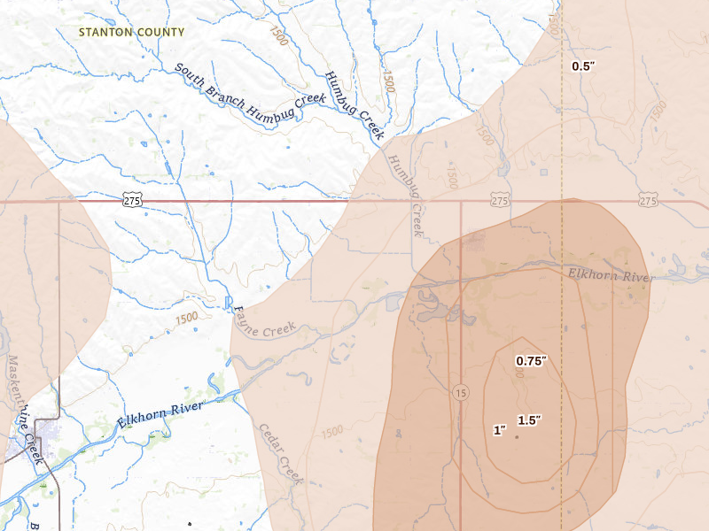 Radar-estimated hail-size map of the storm over Pilger, NE on May 17, 2026