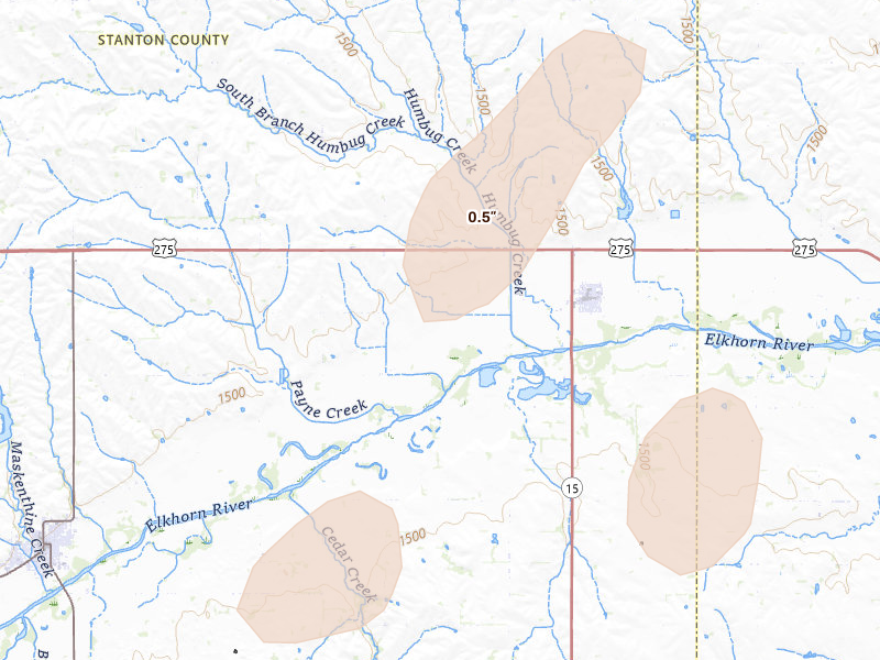Radar-estimated hail-size map of the storm over Pilger, NE on May 18, 2026
