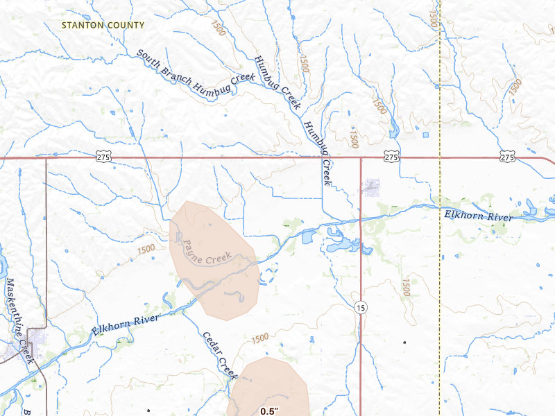 Radar-estimated hail-size map of the storm over Pilger, NE on May 30, 2026