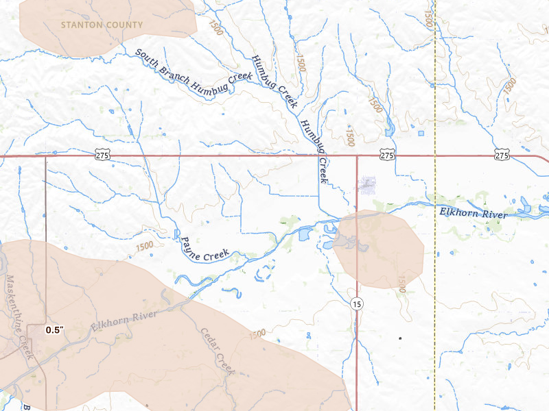 Radar-estimated hail-size map of the storm over Pilger, NE on Aug 11, 2026