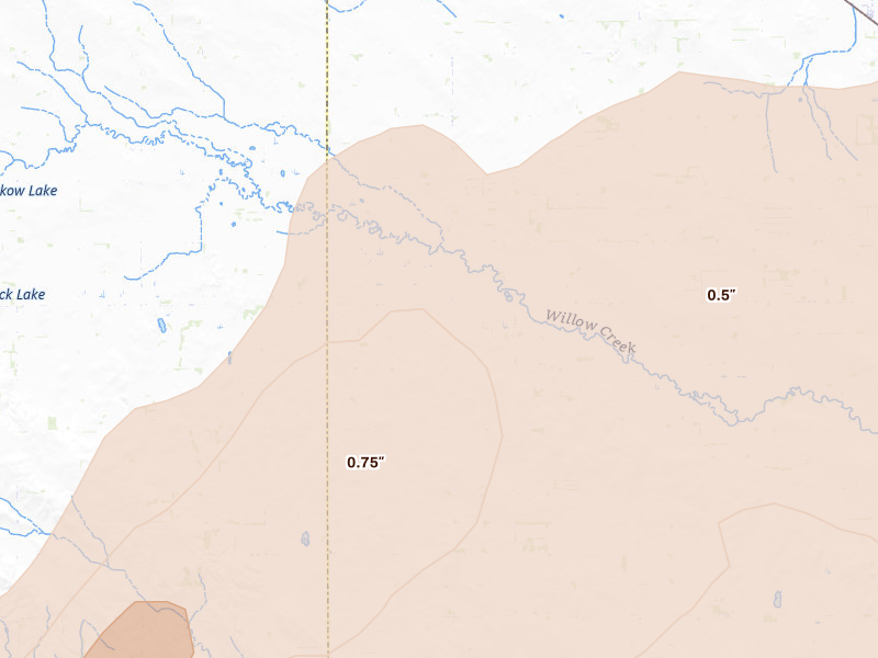 Radar-estimated hail-size map of the storm over Plainview, NE on Jun 29, 2026