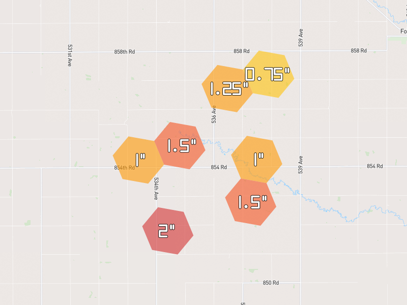 Hail map of Plainview, NE on Jun 30, 2026, hail up to 2"
