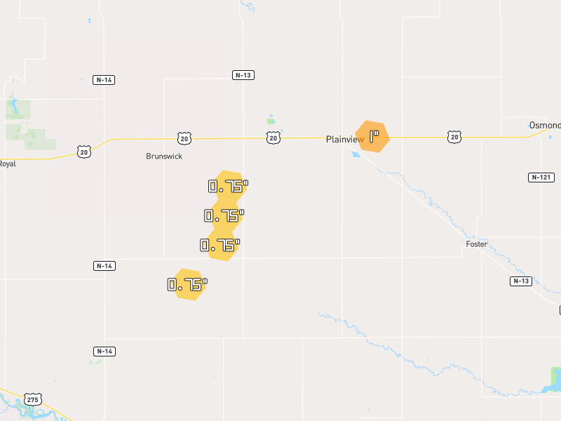 Hail map of Plainview, NE on Jul 1, 2026, hail up to 1"