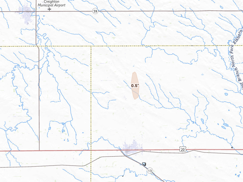 Radar-estimated hail-size map of the storm over Plainview, NE on Jul 30, 2026