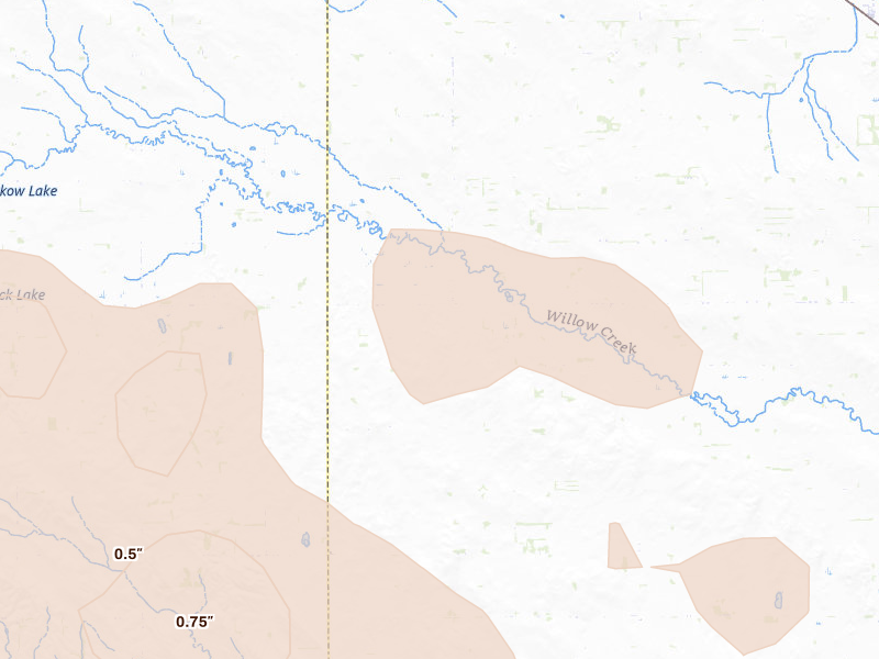 Radar-estimated hail-size map of the storm over Plainview, NE on Aug 23, 2026