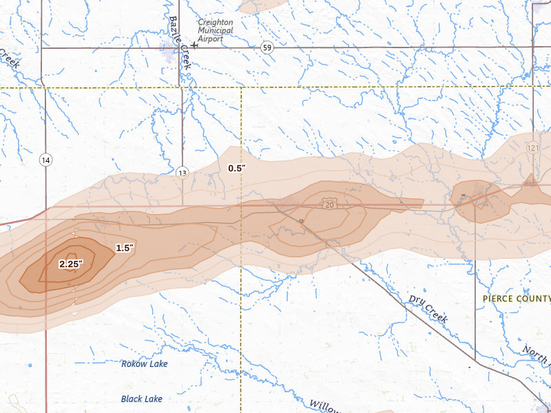 Radar-estimated hail-size map of the storm over Plainview, NE on Sep 1, 2026