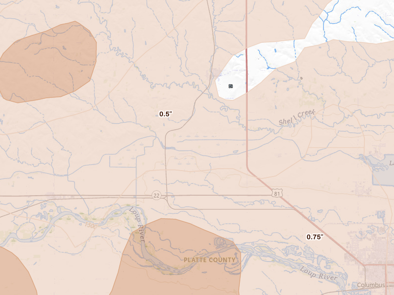 Radar-estimated hail-size map of the storm over Platte Center, NE on May 17, 2026