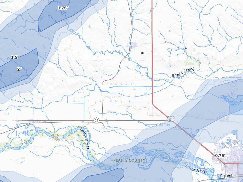 NEXRAD radar-signature map of the hail storm over Platte Center, NE on May 17, 2026