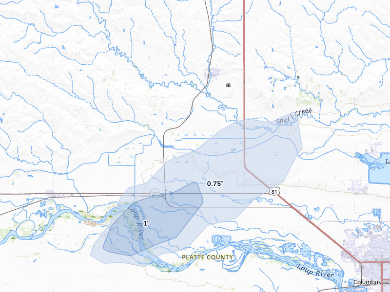 NEXRAD radar-signature map of the hail over Platte Center, NE