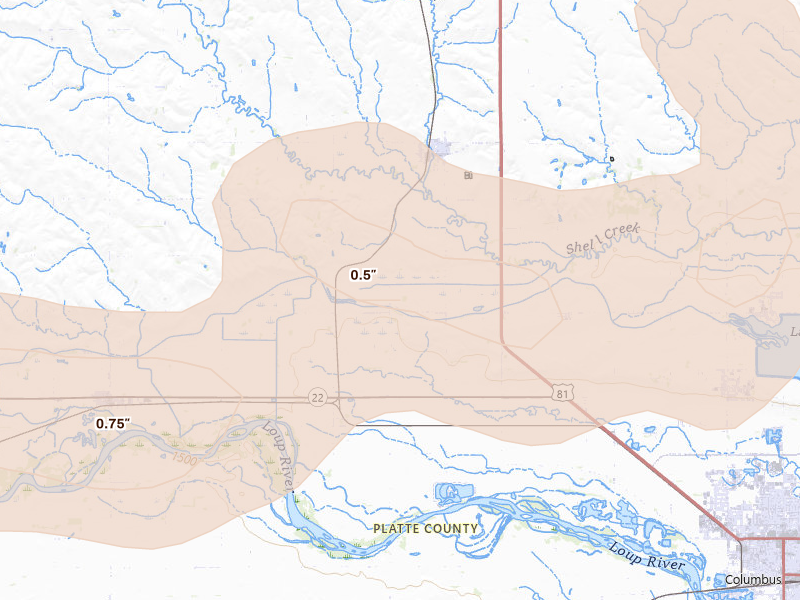 Radar-estimated hail-size map of the storm over Platte Center, NE on Jul 8, 2026