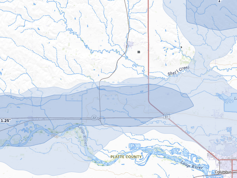 NEXRAD radar-signature map of the hail storm over Platte Center, NE on Jul 8, 2026