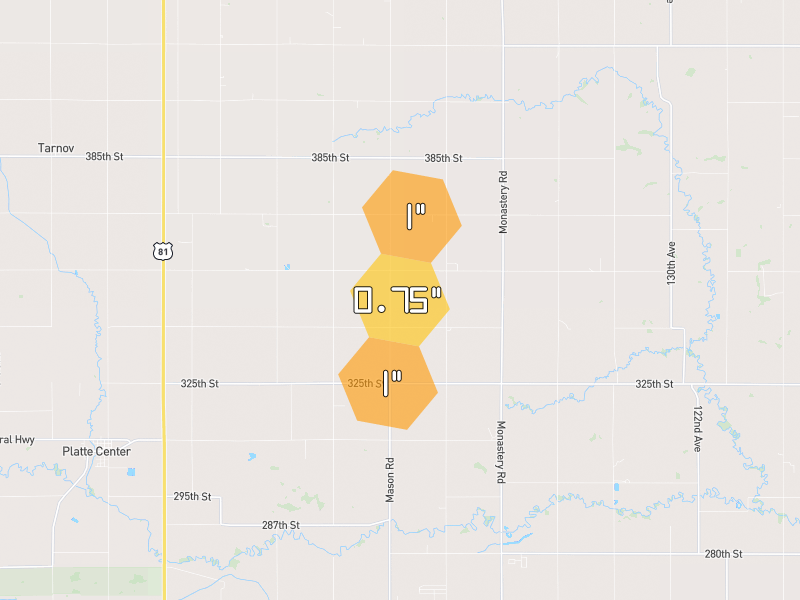 Hail map of Platte Center, NE on Jul 8, 2026, hail up to 1"