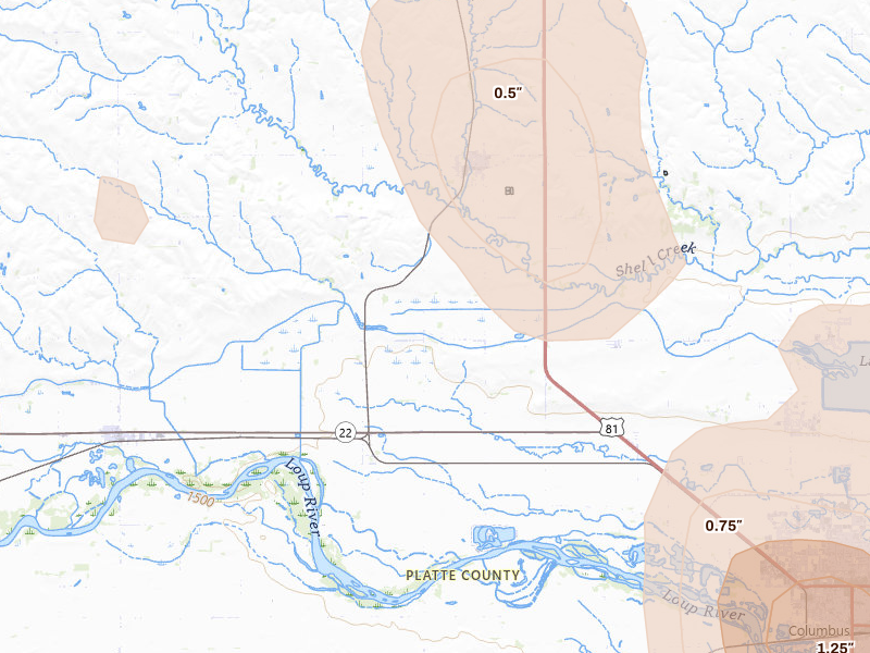 Radar-estimated hail-size map of the storm over Platte Center, NE on Aug 8, 2026