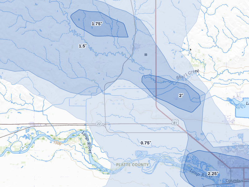 NEXRAD radar-signature map of the hail storm over Platte Center, NE on Aug 8, 2026