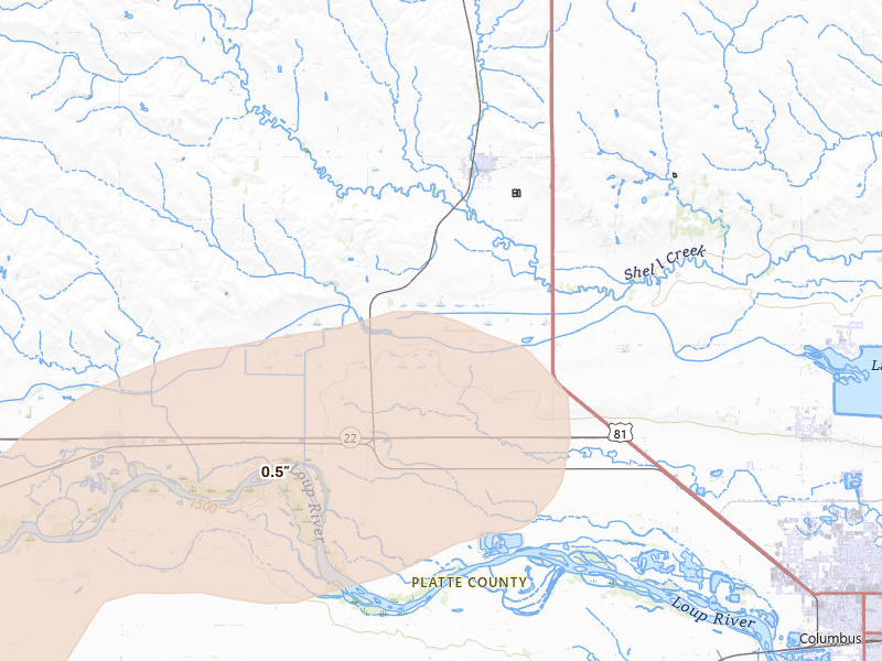 Radar-estimated hail-size map of the storm over Platte Center, NE on Aug 17, 2026
