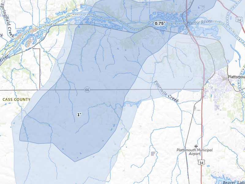 NEXRAD radar-signature map of the hail storm over Plattsmouth, NE on Mar 5, 2026