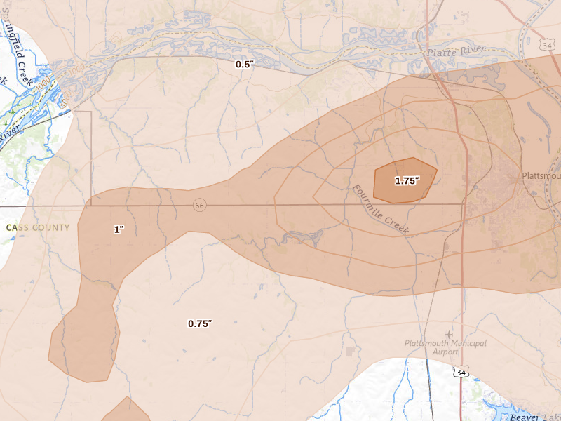 Radar-estimated hail-size map of the storm over Plattsmouth, NE on Jun 5, 2026