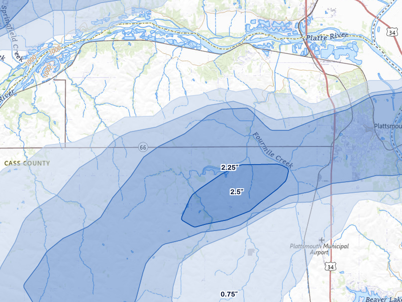 NEXRAD radar-signature map of the hail storm over Plattsmouth, NE on Jun 5, 2026
