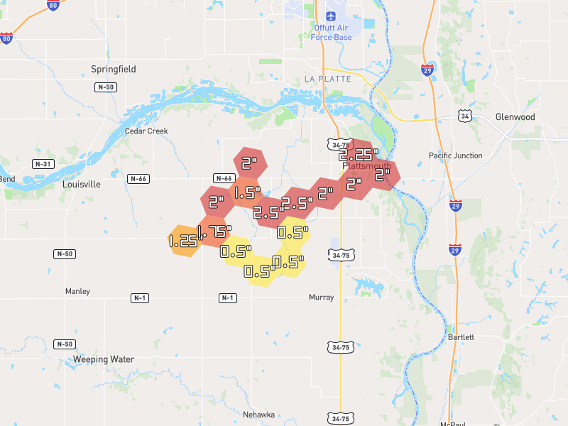 Hail map of Plattsmouth, NE on Jun 6, 2026, hail up to 2.5"