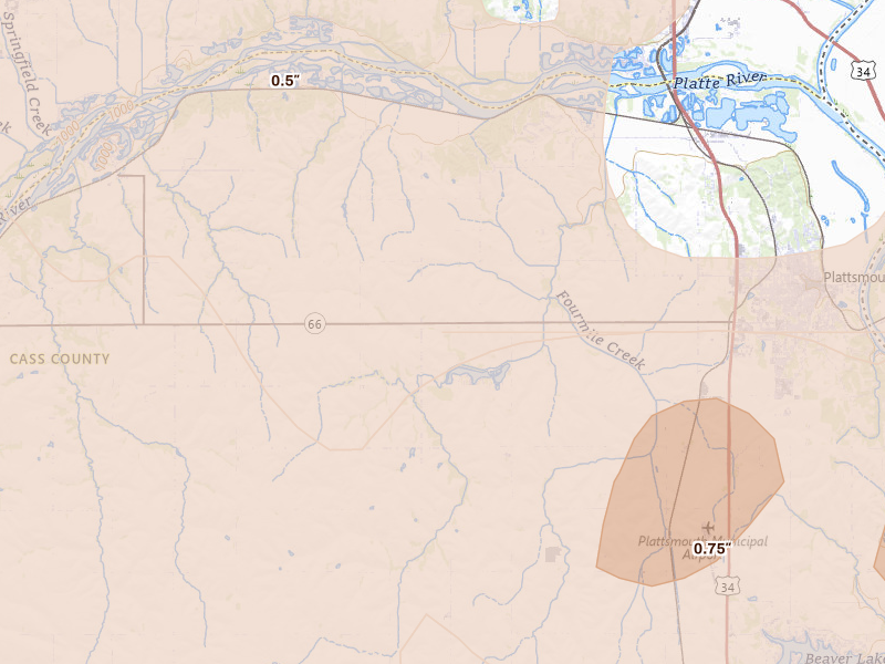 Radar-estimated hail-size map of the storm over Plattsmouth, NE on Jun 10, 2026