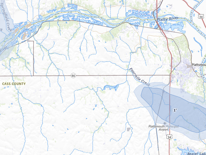 NEXRAD radar-signature map of the hail storm over Plattsmouth, NE on Jul 3, 2026