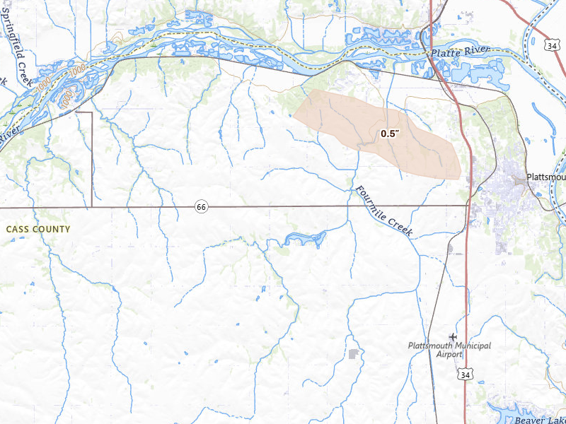 Radar-estimated hail-size map of the storm over Plattsmouth, NE on Jul 4, 2026