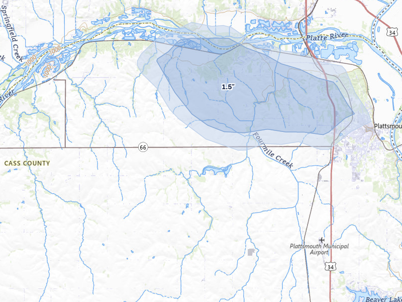 NEXRAD radar-signature map of the hail over Plattsmouth, NE
