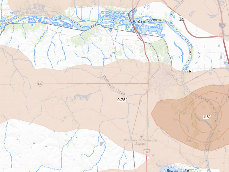 Radar-estimated hail-size map of the storm over Plattsmouth, NE on Aug 4, 2026