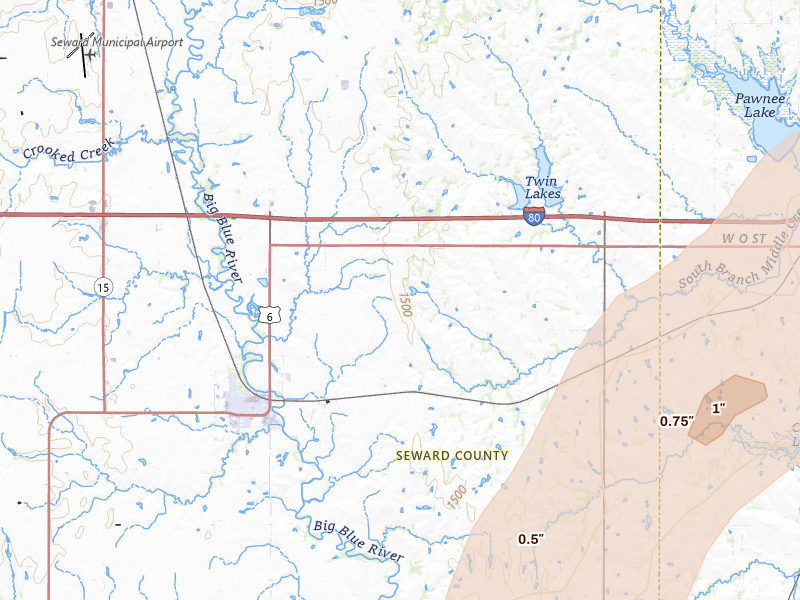 Radar-estimated hail-size map of the storm over Pleasant Dale, NE on Apr 23, 2026