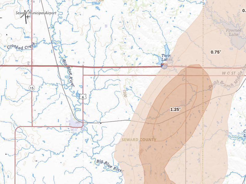 Radar-estimated hail-size map of the storm over Pleasant Dale, NE on May 16, 2026