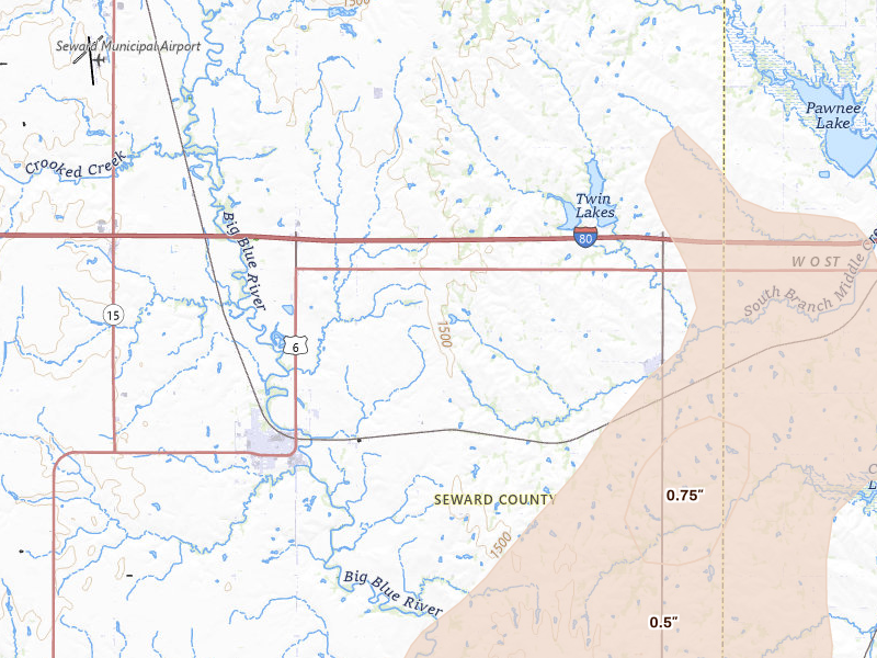 Radar-estimated hail-size map of the storm over Pleasant Dale, NE on May 17, 2026