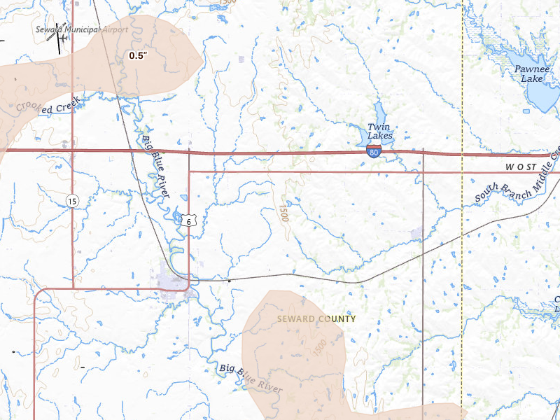 Radar-estimated hail-size map of the storm over Pleasant Dale, NE on Jun 5, 2026