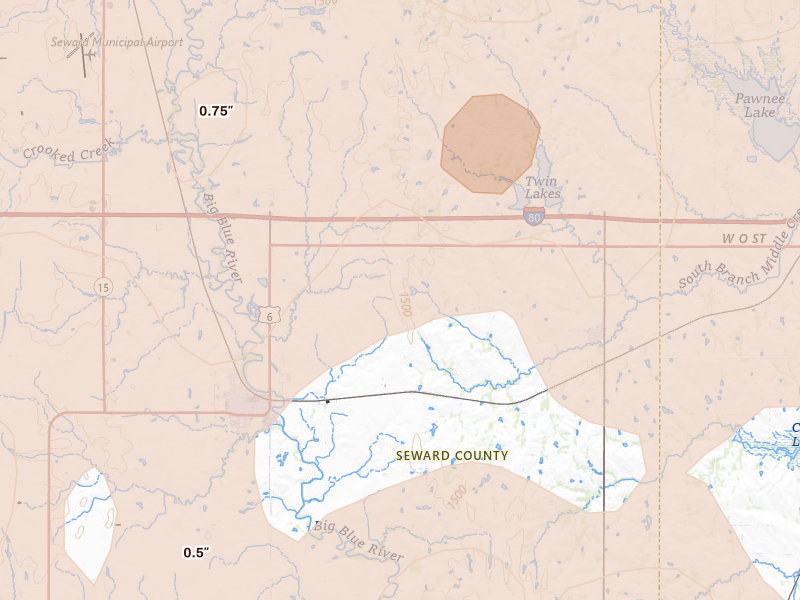 Radar-estimated hail-size map of the storm over Pleasant Dale, NE on Jun 10, 2026