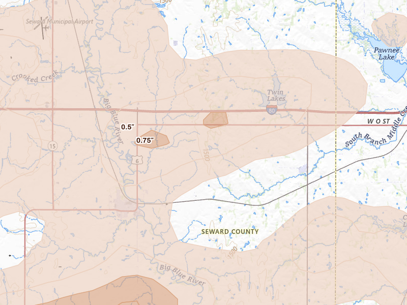 Radar-estimated hail-size map of the storm over Pleasant Dale, NE on Jul 3, 2026