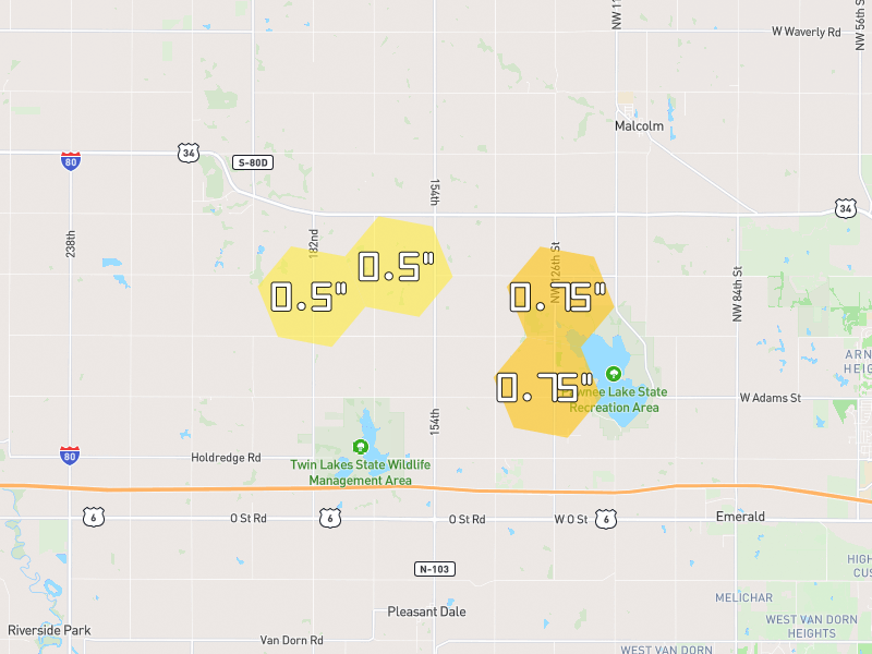 Hail map of Pleasant Dale, NE on Jul 9, 2026, hail up to 0.75"