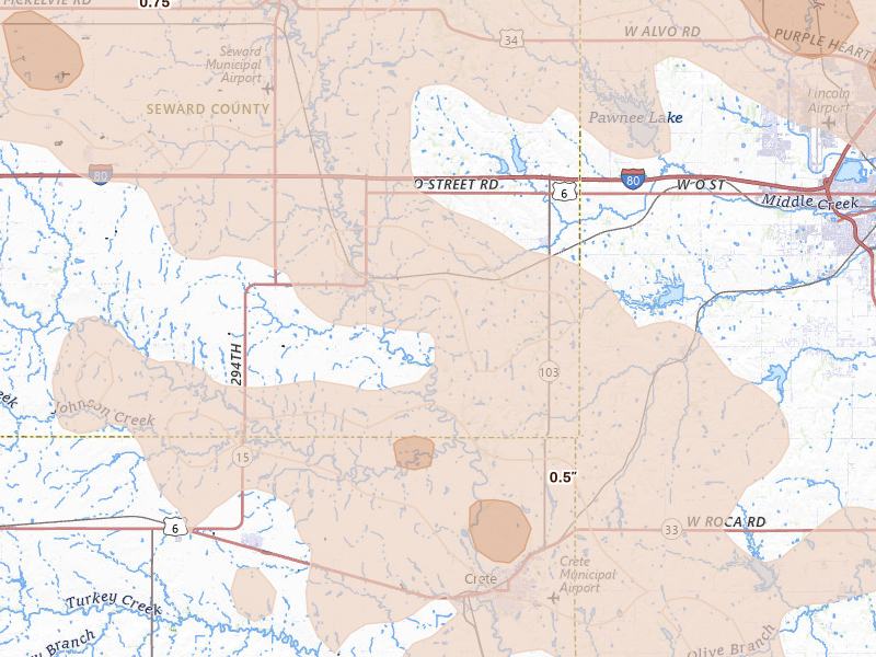 Radar-estimated hail-size map of the storm over Pleasant Dale, NE on Aug 19, 2026