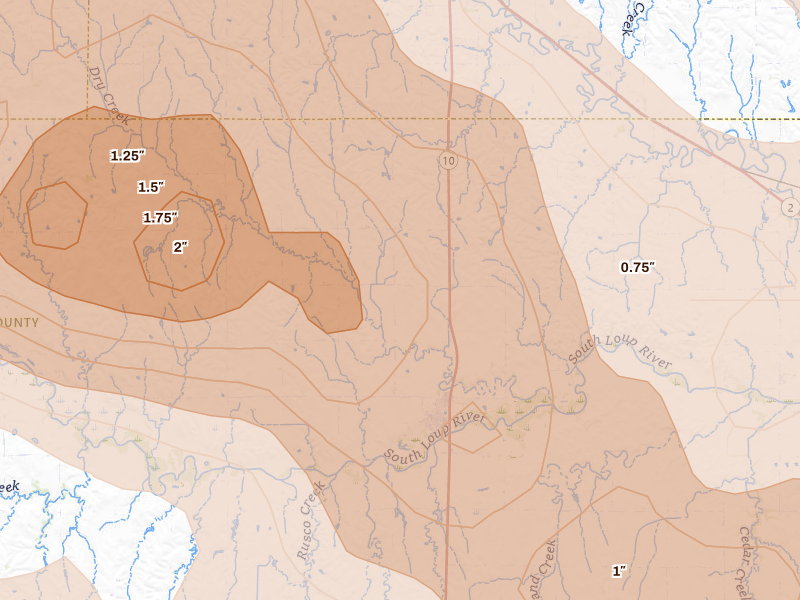 Radar-estimated hail-size map of the storm over Pleasanton, NE on Jun 20, 2026
