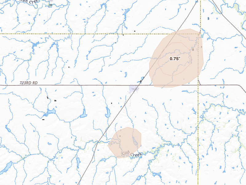 Radar-estimated hail-size map of the storm over Plymouth, NE on Mar 6, 2026