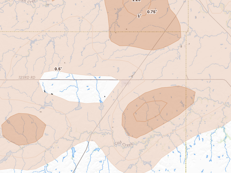 Radar-estimated hail-size map of the storm over Plymouth, NE on Apr 25, 2026