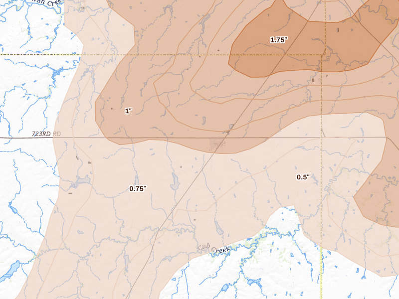 Radar-estimated hail-size map of the storm over Plymouth, NE on May 16, 2026