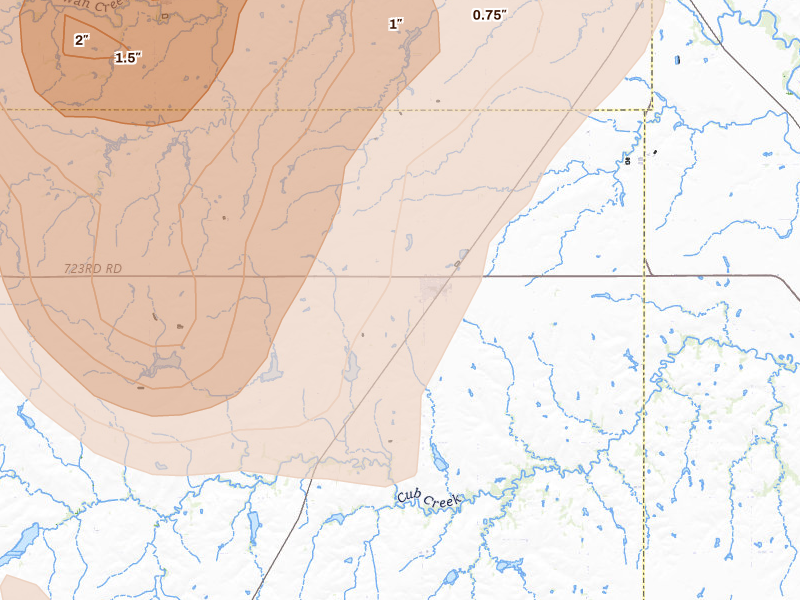 Radar-estimated hail-size map of the storm over Plymouth, NE on Jun 5, 2026